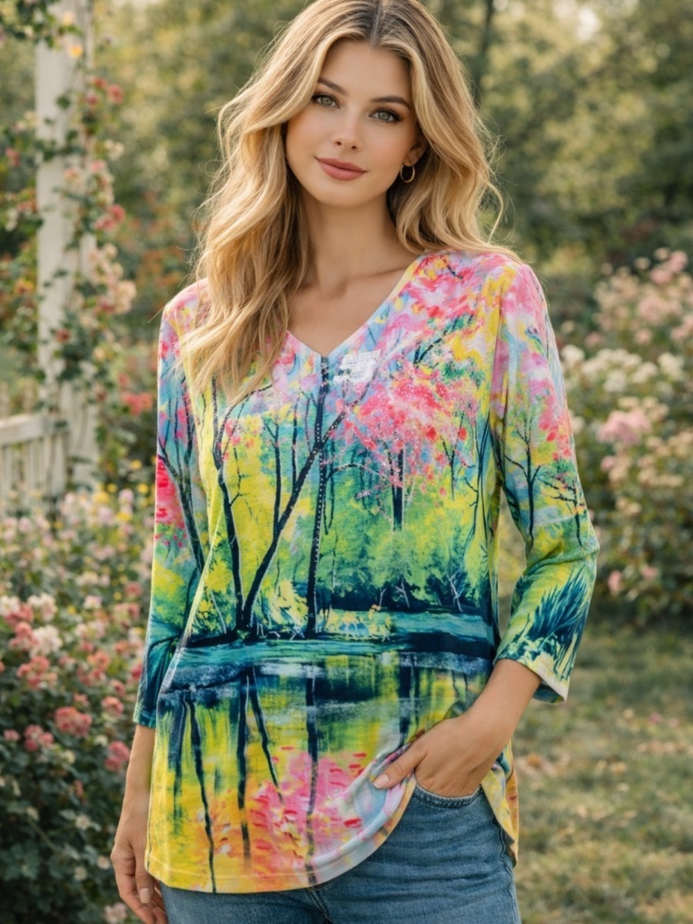Catalog Favorites - colorful art wear - v- neck 3/4 sleeve - size 1X